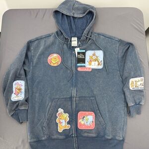 Womens NWT Disney Winnie the Pooh Winter Blue Full Zip  Hoodie Patches Size L